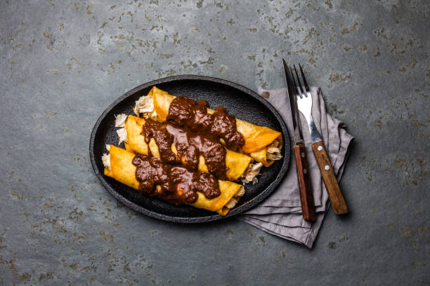 istock Mexican cuisine. Traditional Mexican chicken enchiladas with spicy chocolate salsa mole poblano. Enchiladas with sauce moole from Puebla, Mexico 857179216