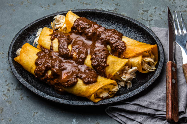 istock Mexican cuisine. Traditional Mexican chicken enchiladas with spicy chocolate salsa mole poblano. Enchiladas with sauce moole from Puebla, Mexico 857179218