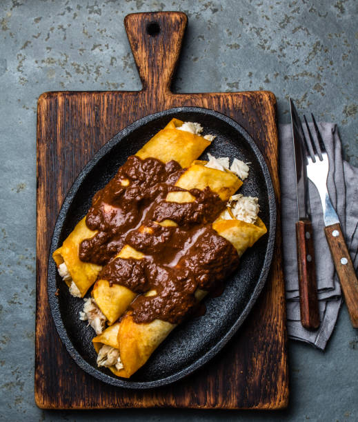 istock Mexican cuisine. Traditional Mexican chicken enchiladas with spicy chocolate salsa mole poblano. Enchiladas with sauce moole from Puebla, Mexico 857179224