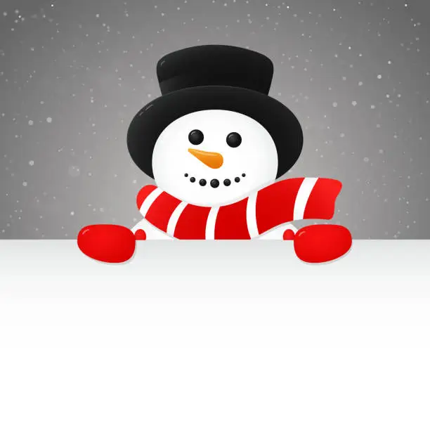 Vector illustration of Cheerful snowman - concept of poster with copyspace. Vector.