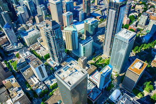 An aerial view of the center of downtown Seattle, Washington, with no clear landmarks present making this a great image as a generic urban scene.