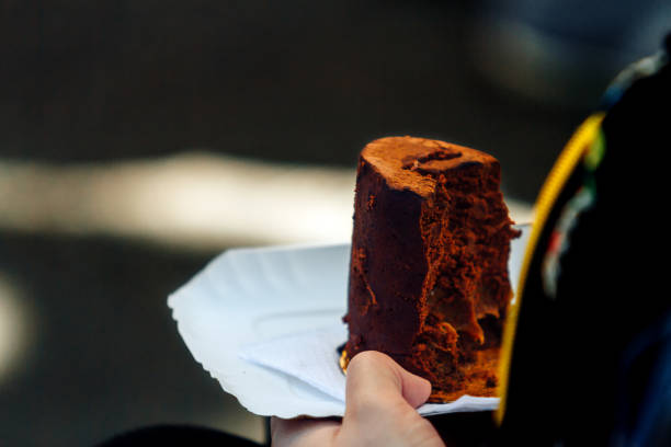 Chocolate cake held by a young hand in disposable plate