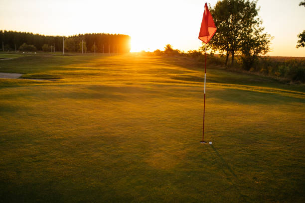 pusty kurs - golf golf flag sunset flag zdjęcia i obrazy z banku zdjęć