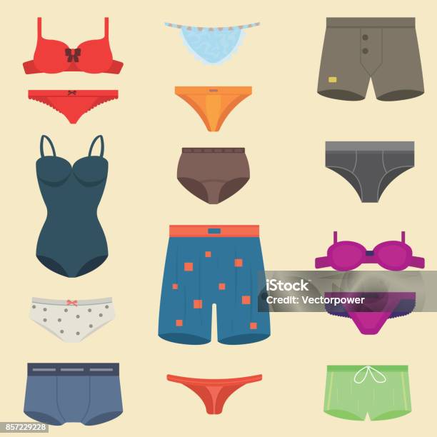 Underwear Clothes Fashion Look Man And Woman Vector Set Stock Illustration - Download Image Now