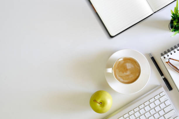 istock Stylish workspace with supplies. desk space concept. 857229800