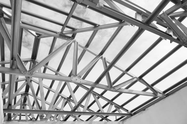 istock Structure of steel roof frame for building construction. 857232544