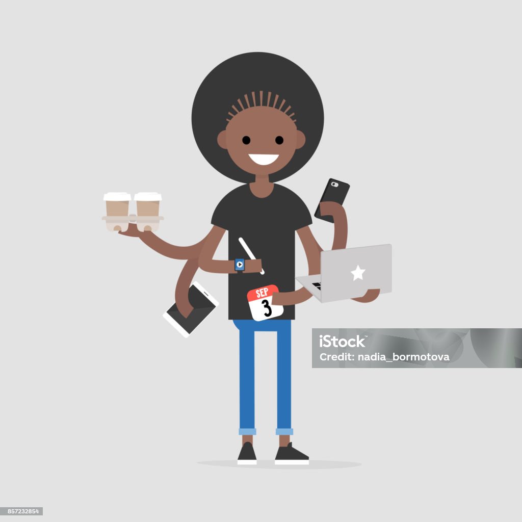 Intern, conceptual illustration. Multitasking millennial concept. Young black girl with six hands doing a lot of tasks at the same time  / flat editable vector illustration Multi-Tasking stock vector