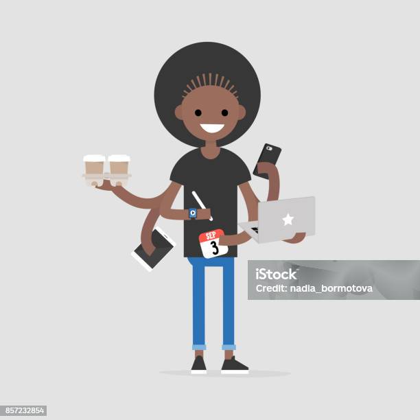 Intern Conceptual Illustration Multitasking Millennial Concept Young Black Girl With Six Hands Doing A Lot Of Tasks At The Same Time Flat Editable Vector Illustration Stock Illustration - Download Image Now