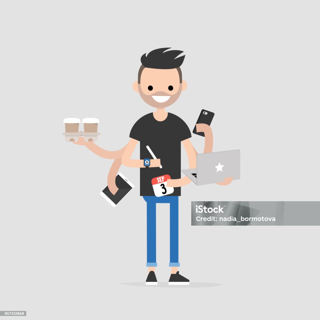 Pasante, Ilustración conceptual. Concepto milenario de la multitarea. Joven personaje con seis manos haciendo muchas tareas al mismo tiempo / plano editable vector ilustración - arte vectorial de Aprendiz libre de derechos