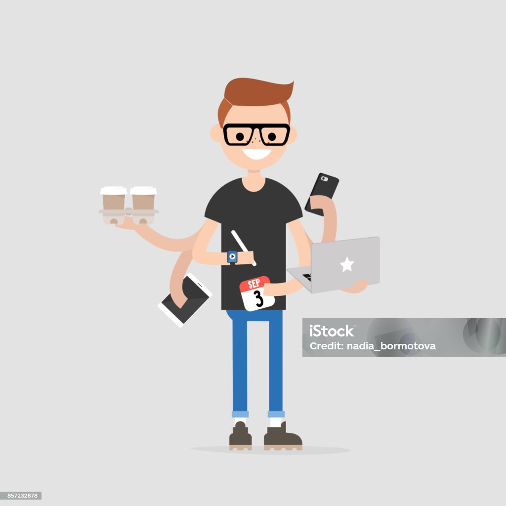 Intern, conceptual illustration. Multitasking millennial concept. Young character with six hands doing a lot of tasks at the same time  / flat editable vector illustration Trainee stock vector