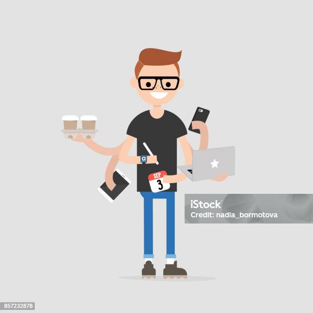 Intern Conceptual Illustration Multitasking Millennial Concept Young Character With Six Hands Doing A Lot Of Tasks At The Same Time Flat Editable Vector Illustration Stock Illustration - Download Image Now