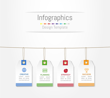 Infographic design elements for your business data with 4 options, parts, steps, timelines or processes, Label tag concept. Vector Illustration.