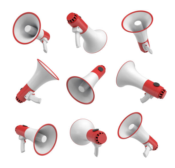 istock 3d rendering of a set of several white and red megaphones in different angles on white background. 857252902