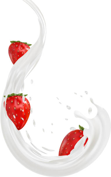 istock 3d strawberry yogurt flavour ad promotion. milk splash with fruits isolated on white. 857252946