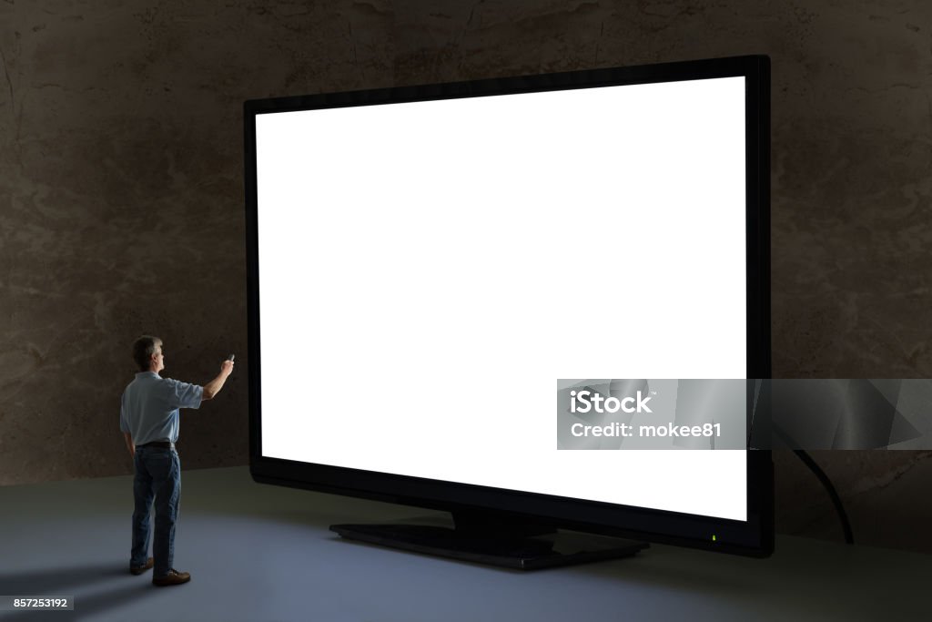 Meu apontador controle remoto de tv na televisão da gigante maior do mundo com tela em branco - Foto de stock de Grande royalty-free
