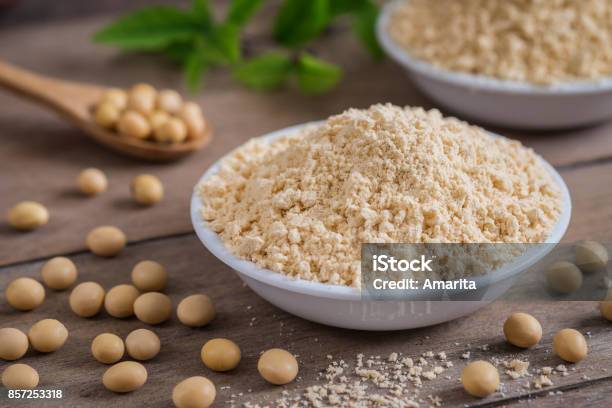 Soy Flour In Bowl And Soybean Stock Photo - Download Image Now - Soybean, Protein, Protein Drink