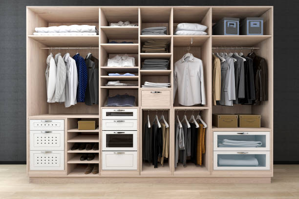 istock 3d rendering minimal scandinavian walk in closet with wood wardrobe 857253326