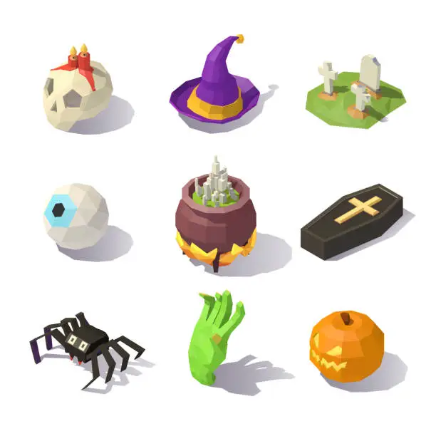 Vector illustration of Low poly Halloween decorations