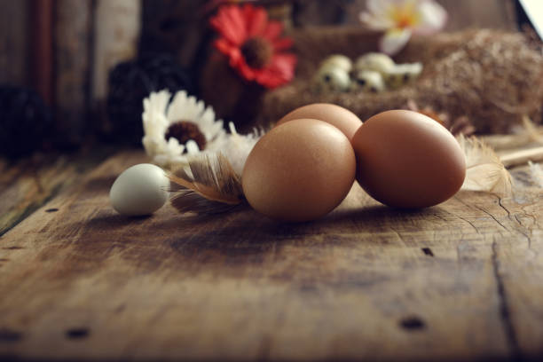 studio shot of quail eggs on a vintage wooden background.