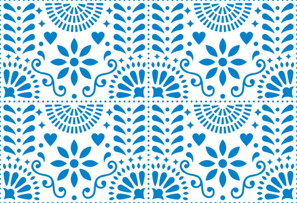 illustrations, cliparts, dessins animés et icônes de folk art vecteur transparent motif mexicain dessin bleu avec fleurs inspirées de l’art traditionnel mexique - culture mexicaine