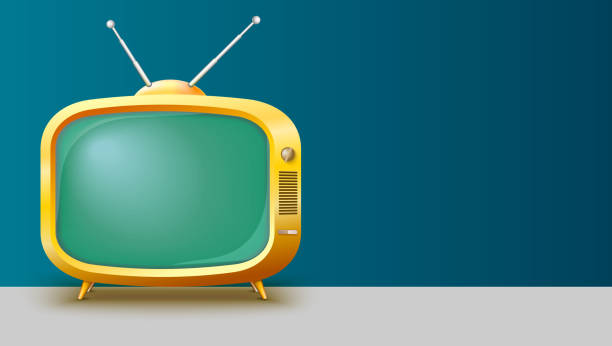 Template with retro yellow TV set for advertisement on horizontal long backdrop, 3D illustration with place for text. Realistic vintage TV with blank screen Template with retro yellow TV set for advertisement on horizontal long backdrop, 3D illustration with place for text. Realistic vintage TV with blank screen. old tv stock illustrations