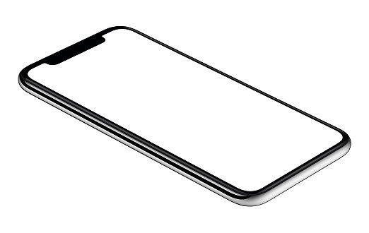 Nueva maqueta de moderno smartphone CCW gira ligeramente aislado sobre fondo blanco photo