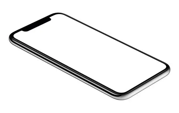 Smartphone lying on surface. Smartphone mockup. New modern black frameless smartphone mockup with white screen lying on surface. Isolated on white background.