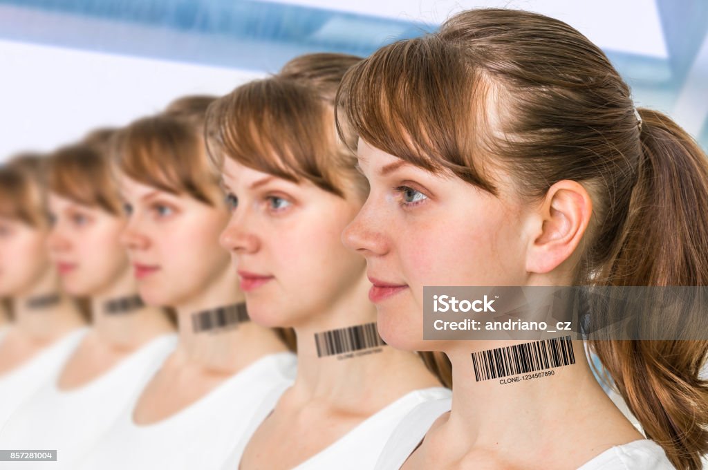 Beaucoup de femmes dans une rangée avec code à barres - notion de clone génétique - Photo de Répétition libre de droits