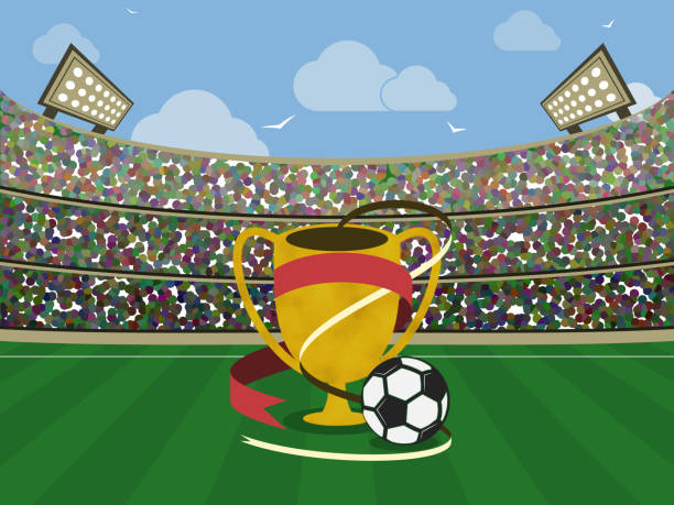 fußball-stadion und gold-trophäe mit roten bändern und ball. fußball-arena. vektor-illustration. - tpc sugarloaf stock-grafiken, -clipart, -cartoons und -symbole