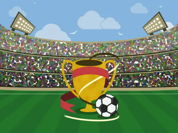 Vector illustration of Soccer stadium and gold trophy with red ribbons and ball. Football arena. Vector illustration.
