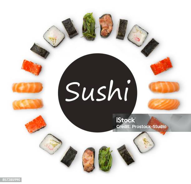 Set Of Sushi Maki And Rolls Isolated On White Background Stock Photo - Download Image Now