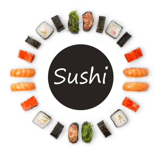 zestaw sushi, maki i rolek izolowanych na białym tle - sushi food vegetarian food japanese cuisine zdjęcia i obrazy z banku zdjęć