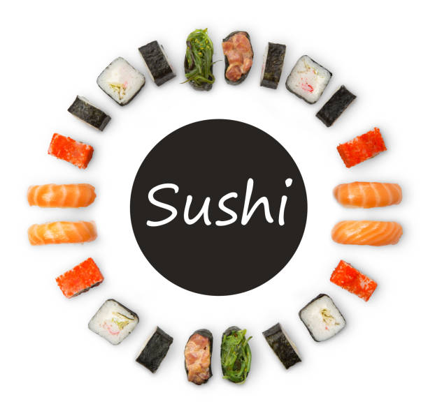 set of sushi, maki and rolls isolated on white background - sushi food vegetarian food japanese cuisine imagens e fotografias de stock