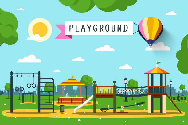 Children's Playground Children's Playground on City Park. Vector Flat Design Cartoon. recess cartoon stock illustrations