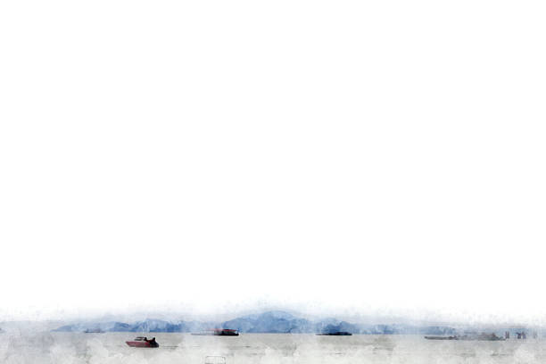 Long boat fishing in sea and see mountain background on watercolor paining and colorful splash brush to art. Long boat fishing in sea and see mountain background on watercolor paining and colorful splash brush to art. splash mountain stock pictures, royalty-free photos & images