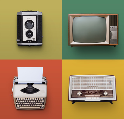 Vintage/retro radio, television, typewriter and camera set