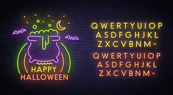 Happy Halloween neon sign, bright signboard, light banner. Halloween party logo, emblem. Neon sign creator.