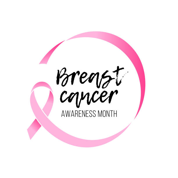 Breast cancer awareness month pink ribbon vector women solidarity symbol icon Breast cancer awareness month round emblem with hand drawn lettering. Vector pink ribbon circle icon on white background. breast cancer stock illustrations