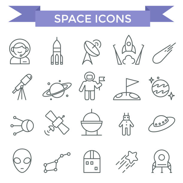 Space icons. Space icons, thin line, flat design lunar module stock illustrations