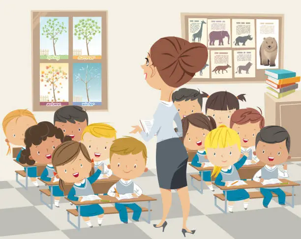 Vector illustration of School kids studying with teacher