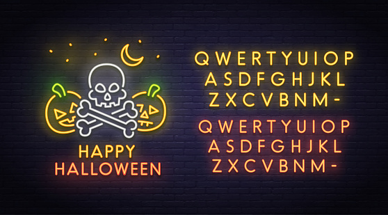 Skull and pumpkin neon sign, bright signboard, light banner. Halloween party logo, emblem. Neon sign creator.