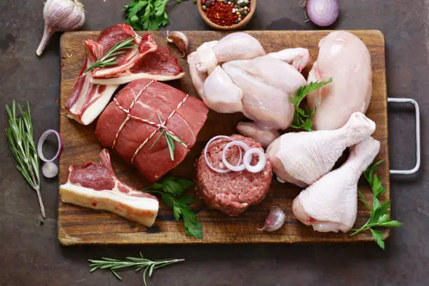 Photo of raw meat assortment - beef, lamb, chicken on a wooden board