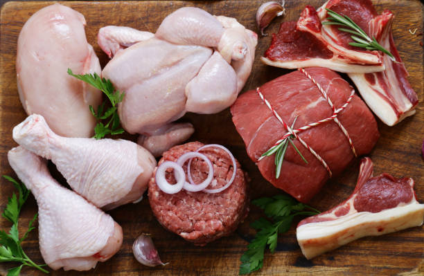istock raw meat assortment - beef, lamb, chicken on a wooden board 857309010