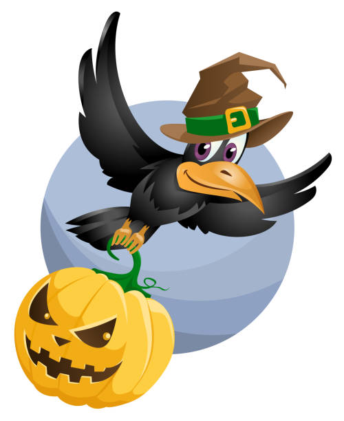istock Flying crow in a halloween hat holds the halloween pumpkin. Cartoon styled vector illustration. Elements is grouped. 857311778