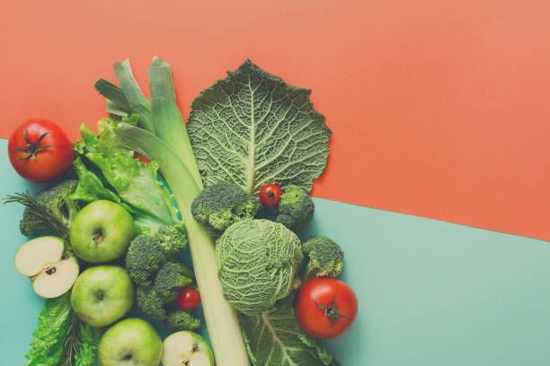 istock Flat lay of raw vegetables on abstract background 857312082