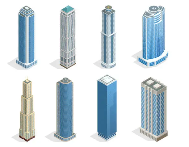 Vector illustration of Buildings and modern city houses on 50-70 floors flat isoleted vector icons. Isometric projection of a three-dimensional houses, buildings for web projects, business presentations, infographics, game