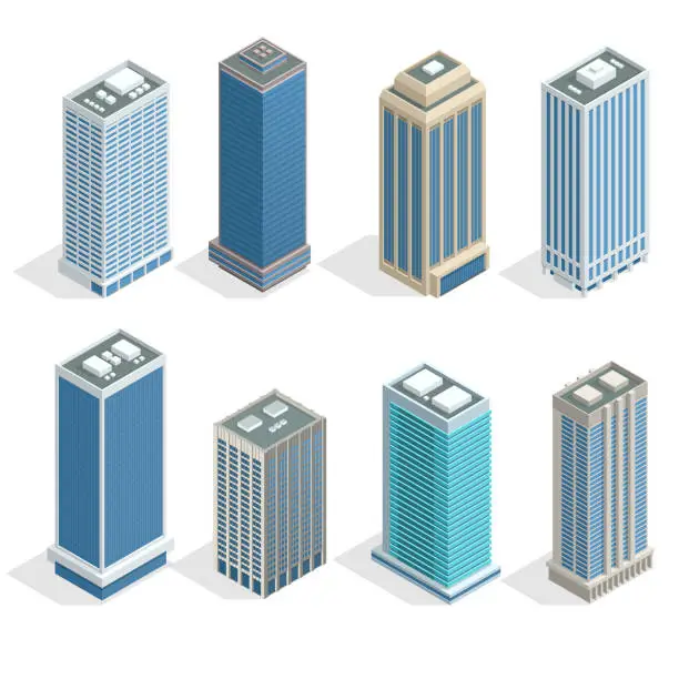 Vector illustration of Buildings and modern city houses on 30-40 floors flat isoleted vector icons. Isometric projection of a three-dimensional houses, buildings for web projects, business presentations, infographics, game