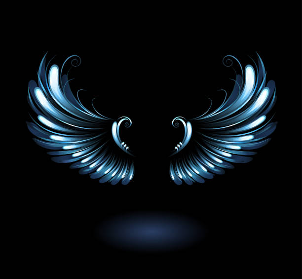 glowing angel wings glowing, stylized angel wings on a black background. ostrich feather stock illustrations