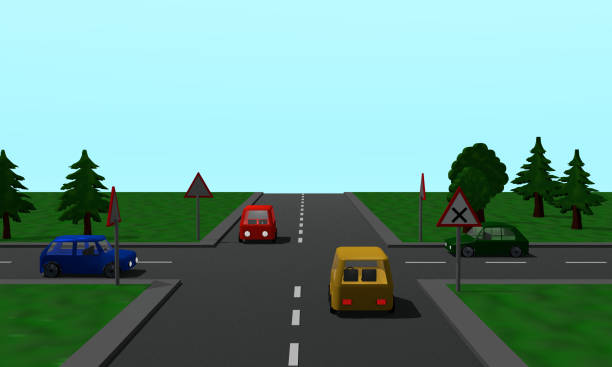 istock Road junction: Right before left regulation with four cars and signs 857317664
