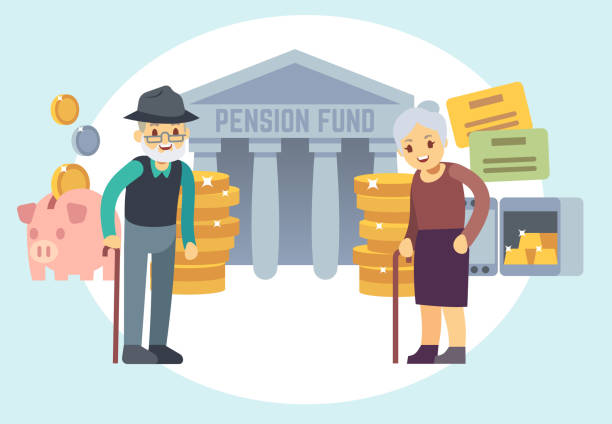 illustrations, cliparts, dessins animés et icônes de heureux personnes âgées seniors économiser de l’argent de la pension. caractères pour le régime de retraite et le concept de vecteur pour le programme finances personnelles - senior couple senior adult pension couple